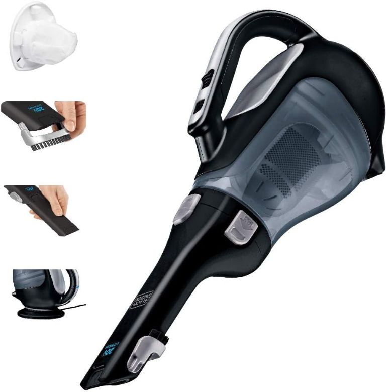 Cordless handheld vacuum cleaner with detachable attachments on a white background.