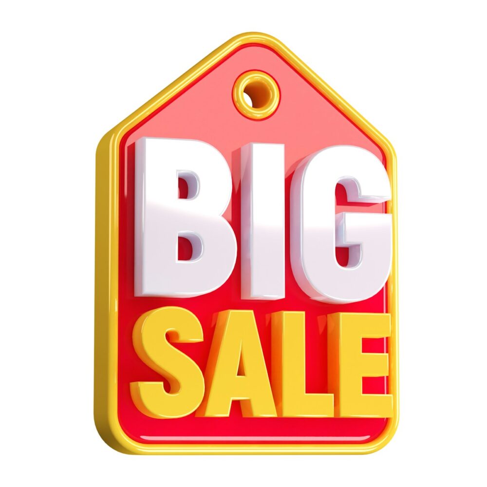 A red and yellow big sale sign on a white background